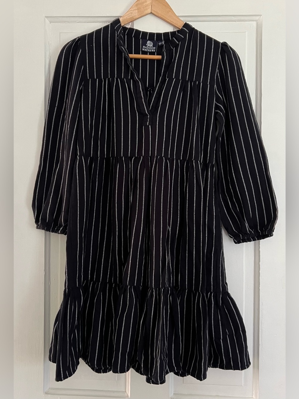 Madison Matthew’s XS Black Stripe Tiered Cotton Babydoll Dress Boho Cottagecore